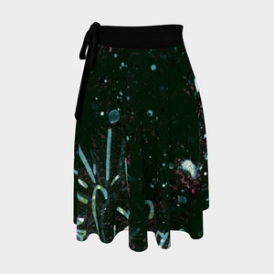 Dark Wraparound Skirt in Green Silky Fabric, Tartan Check
