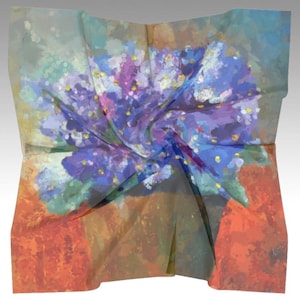 Large Square Silk Scarf for Summer with Pretty Purple Violets in Flower Pot Art by Claire Bull, Satin or Chiffon Scarf Women Gift 50 inch image 1