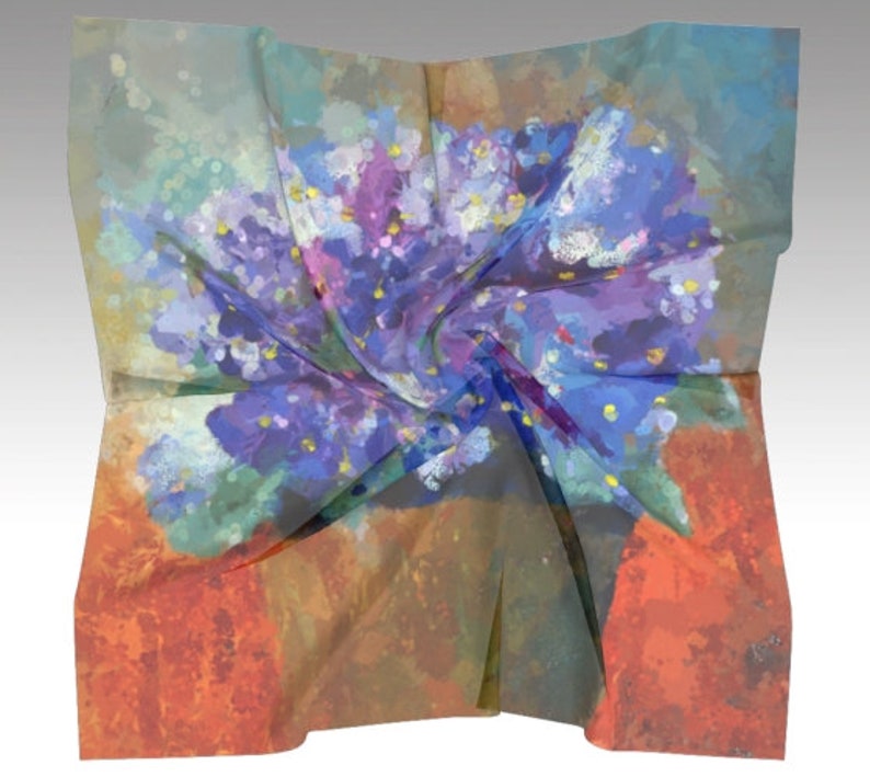 Large Square Silk Scarf for Summer with Pretty Purple Violets in Flower Pot Art by Claire Bull, Satin or Chiffon Scarf Women Gift 50 inch image 1