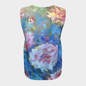 May include: A sleeveless shirt with a colorful abstract floral print. The print features shades of blue, pink, yellow, and green.