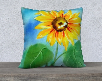 Watercolor Sunflower Pillow Cover, Farmhouse Floral Accent, 22x22