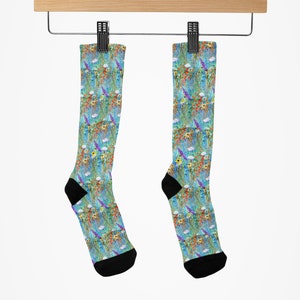 Printed Socks with Wildflowers, Dragonfly Magic, Art Socks, Summer Fashion, Pretty Floral Socks, Smaller Print, Designer Socks, Gift for Her image 2