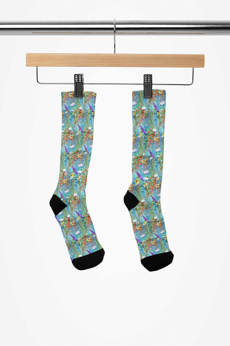 Printed Socks with Wildflowers, Dragonfly Magic, Art Socks, Summer Fashion, Pretty Floral Socks, Smaller Print, Designer Socks, Gift for Her image 2