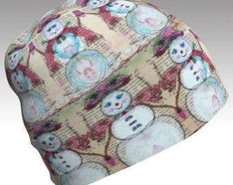 Soft Beanie Hat with Snow People, Cute Cancer Cap with Smiling Happy Snowman Faces, Funny Character Art, Soft Bamboo Lining, Running Hats