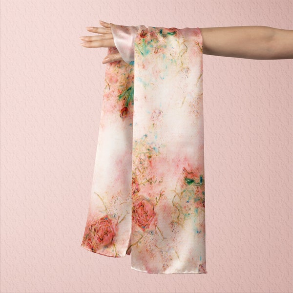 Long Floral Scarf with Vintage Roses Soft Pinks and Beige, Silk Neck Scarf, Hair Accessory, Purse Accent Gift for Mom, Head Scarf Women