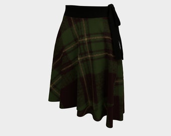 Wraparound Skirt Green Silky Fabric, Tartan Check Design, Black Fabric Belt, Circle Skirt for Travel, Fall or Winter Skating, Dance Skirt