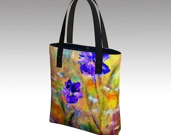 Sac à bandoulière fleuri avec fleurs d'iris, poches, doublure en satin ou grand cabas avec art botanique, sac à main, cabas en toile fleurs d'été
