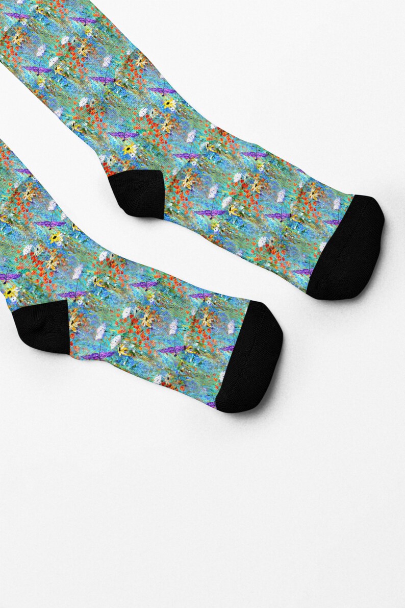 Printed Socks with Wildflowers, Dragonfly Magic, Art Socks, Summer Fashion, Pretty Floral Socks, Smaller Print, Designer Socks, Gift for Her image 3