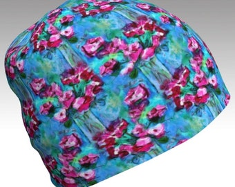 Floral Chemo Cap with Pink Roses, Lightweight Printed Slouchy Hat for All Seasons, Cancer Head Cover for Hair Loss, Gift for Woman, Girl Hat