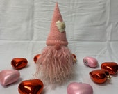 Nordic Valentine gnome handmade from upcycled felted wool sweaters - meet Sweet Cheeks the Gnome