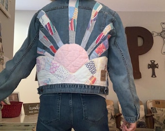 Upcycled denim jacket - Sunburst jacket featuring appliqué of colorful quilt scraps