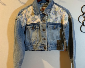 Upcycled Cropped Jean Jacket  embellished with embroidered birds and vintage floral