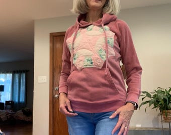 Upcycled pink soft hoodie embellished on the front with a vintage handmade quilt block SIZE SMALL