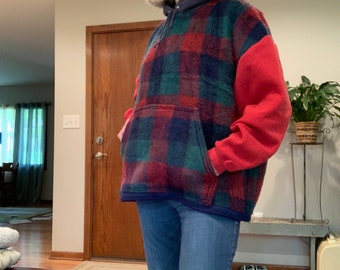 Upcycled blanket hoodie made from a fuzzy plaid blanket OVERSIZED SIZE MEDIUM
