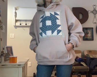 Upcycled hoodie with vintage quilt block applique SIZE LARGE