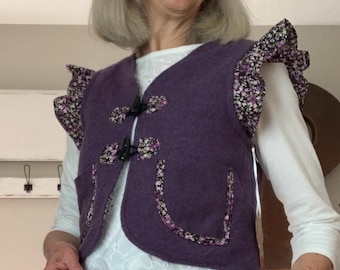 Purple wool top/vest with ruffles - crafted from a wool sweater and a floral cotton remnant