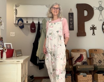 Fresh floral overalls upcycled from vintage curtains SIZE MEDIUM