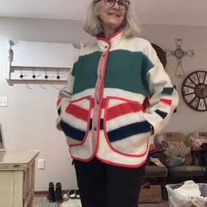 Upcycled Striped Blanket Jacket with snap closure and big pockets. SIZE LARGE