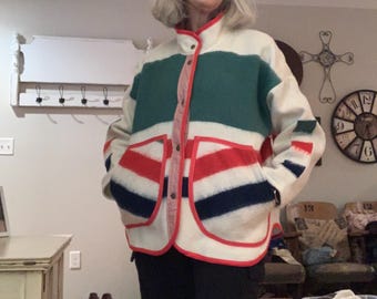 Upcycled Striped Blanket Jacket with snap closure and big pockets. SIZE LARGE