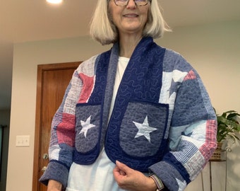 Upcycled Quilt Cropped Jacket: Patriotic Patchwork, Star Lining (M/L)