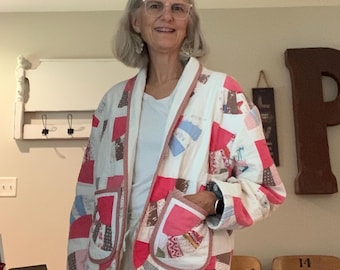 Upcycled Quilt Jacket Crafted From a Vintage Grandma's Fan Feed Sack Fabric Quilt SIZE MEDIUM