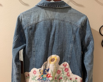 Upcycled denim jacket - applique jacket featuring vintage embroidery from a pillowcase
