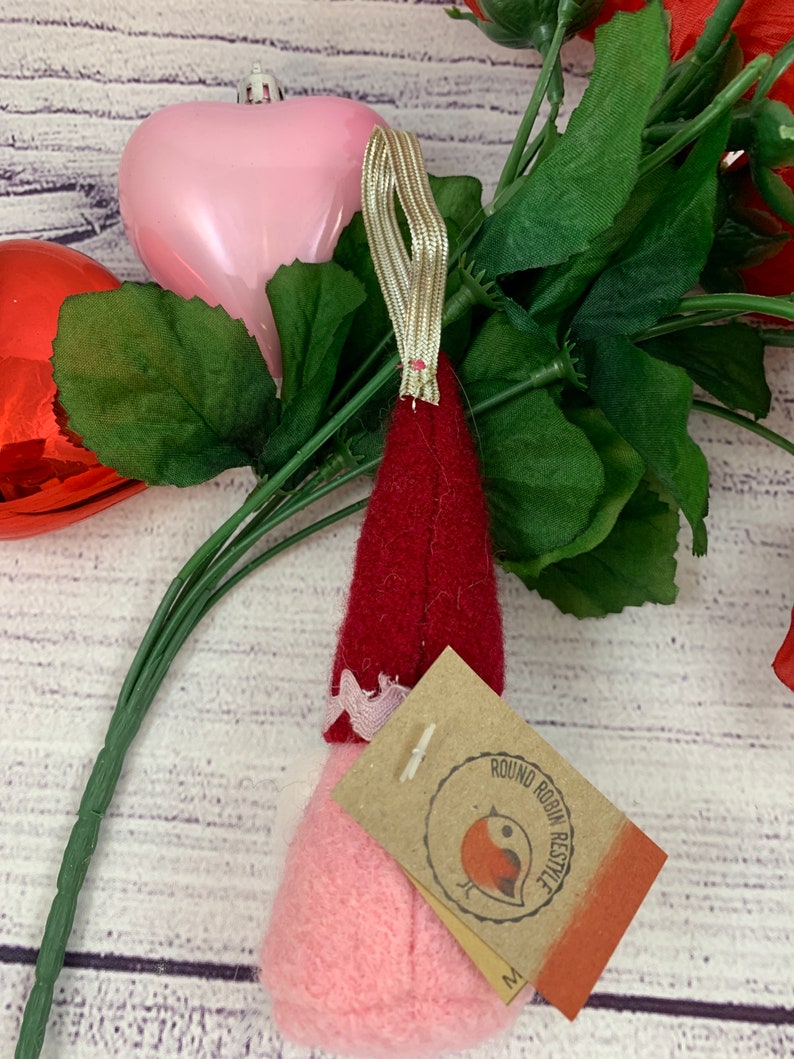 Gnome mini Valentine gnome ornament gift hanger wine bottle hanger made with felted wool from sweaters