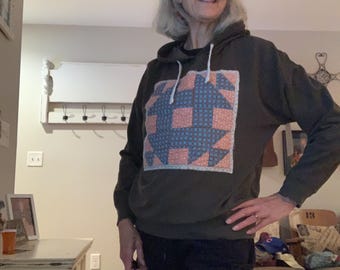 Upcycled forest green soft hoodie  with vintage handmade quilt block applique' SIZE MEDIUM