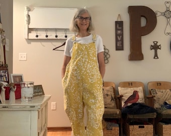Sunny yellow overalls upcycled from vintage curtains SIZE MEDIUM