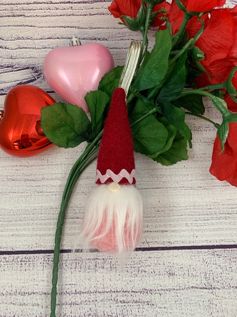 Gnome mini Valentine gnome ornament gift hanger wine bottle hanger made with felted wool from sweaters