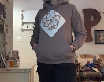 Upcycled brown hoodie embellished on the front with a vintage handmade butterfly quilt block SIZE SMALL