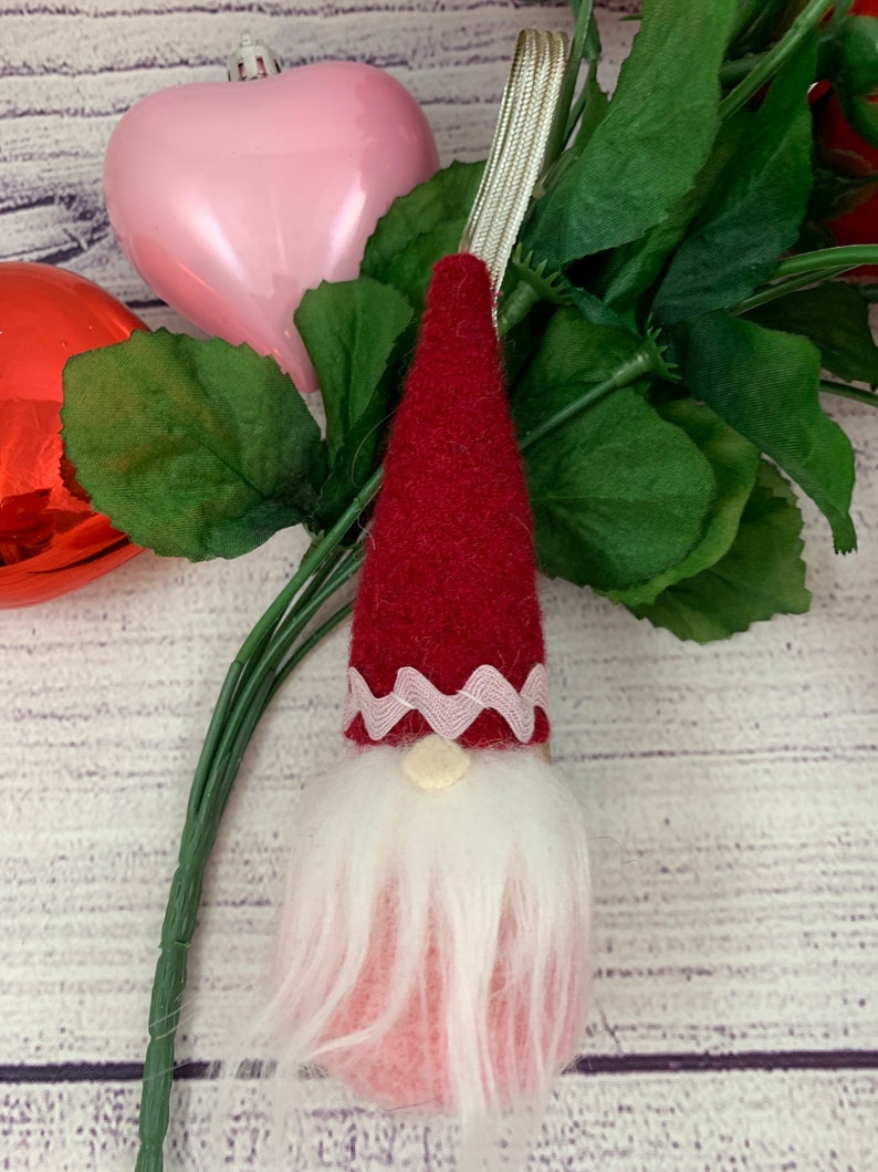 Gnome mini Valentine gnome ornament gift hanger wine bottle hanger made with felted wool from sweaters