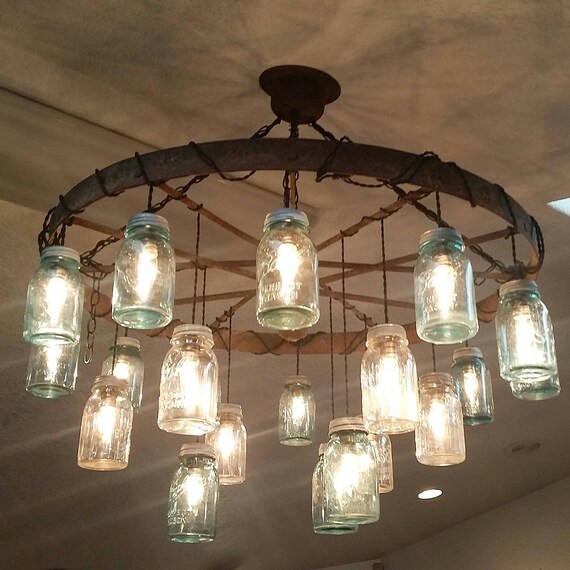 21 Light Vintage Mason Jar Wagon Wheel Chandelier