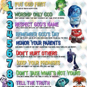 Puede incluir: Un póster colorido con el texto "10 Mandamientos" e ilustraciones de personajes. Cada mandamiento se enumera con una breve explicación. El póster presenta personajes de la película "Del revés".