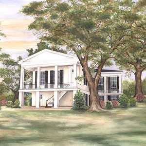 May include: Watercolor painting of a white two-story house with a columned porch and black shutters. The house is surrounded by large trees and lush greenery. The painting has a soft, natural light and a serene atmosphere.
