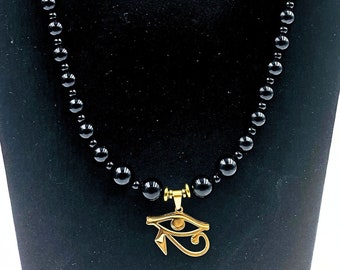 Collier Horus, Collier Onyx Noir, Oeil d’Horus - Oeil de Heru - Oeil de Ra, Bijoux égyptiens anciens, Collier de protection, Guérison par cristal