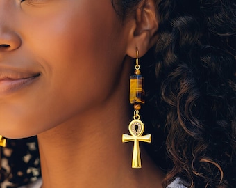 Ankh Earrings with Tiger's Eye, Egyptian Jewelry, Gift Earrings, Gold Ankh Charms, Healing Spiritual Cultural Jewelry