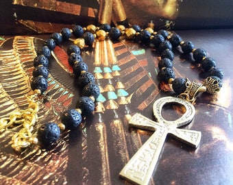 Black Ankh Necklace, Lava Stone, Egyptian Ankh Necklace, Kemetic Jewelry, Mens Ankh Jewelry, Large Ankh Necklace, Ankh Chain, Egyptian God