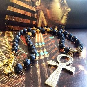 Black Ankh Necklace, Lava Stone, Egyptian Ankh Necklace, Kemetic Jewelry, Mens Ankh Jewelry, Large Ankh Necklace, Ankh Chain, Egyptian God