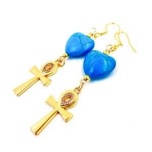 Handmade Egyptian Ankh Earrings, Turquoise Heart Stones Spiritual, Beaded Earrings Ancient Kemetic Cultural Drop Earrings Hypoallergenic