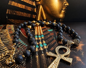 Gold Beaded Ankh Necklace| Gold Ankh Necklace|Lava Stone and Gold Hematite Necklace, Egyptian Ankh Necklace, Mens African Jewelry,Egyptian