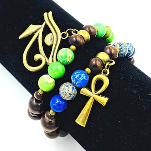 Ankh and Eye of Horus Bronze Bracelet Set / Egyptian Jewelry Set / Kemetic Jewelry / Gift for Him / Gift for Her / Key of Life