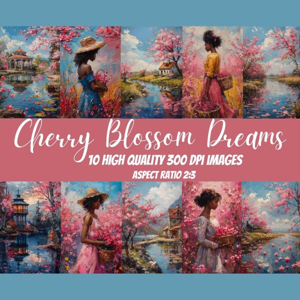Cherry Blossom Art, Pink Flowers Digital Wall Art, Bontanical Spring Landscape Oil Painting, Floral Artwork, Nature Digital Print, Romantic
