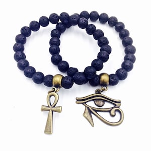 Ankh and Eye of Ra - Black Lava Stone Bracelet Set // Egyptian King Bracelet // Kemetic Jewelry // Statement Bracelet // African Jewelry Set
