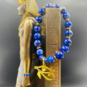 Blue Lapis Lazuli 18k Gold Eye of Horus Bracelet, 3rd Eye Egyptian Jewelry Unisex Gemstone Bracelet, Kemetic Jewelry Gift for Him or Her