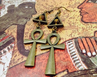 Pendientes Ankh de ojo de tigre, llave de la vida, joyería egipcia, pendientes de cruz del Antiguo Egipto, hechos a mano, pendientes étnicos con cuentas, cultura africana