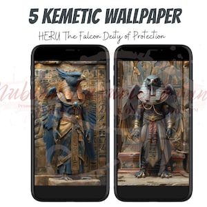 May include: Two phone screen mockups displaying a digital illustration of the Egyptian god Heru, also known as Horus, the falcon deity of protection. The image is set against a background of ancient Egyptian hieroglyphs.