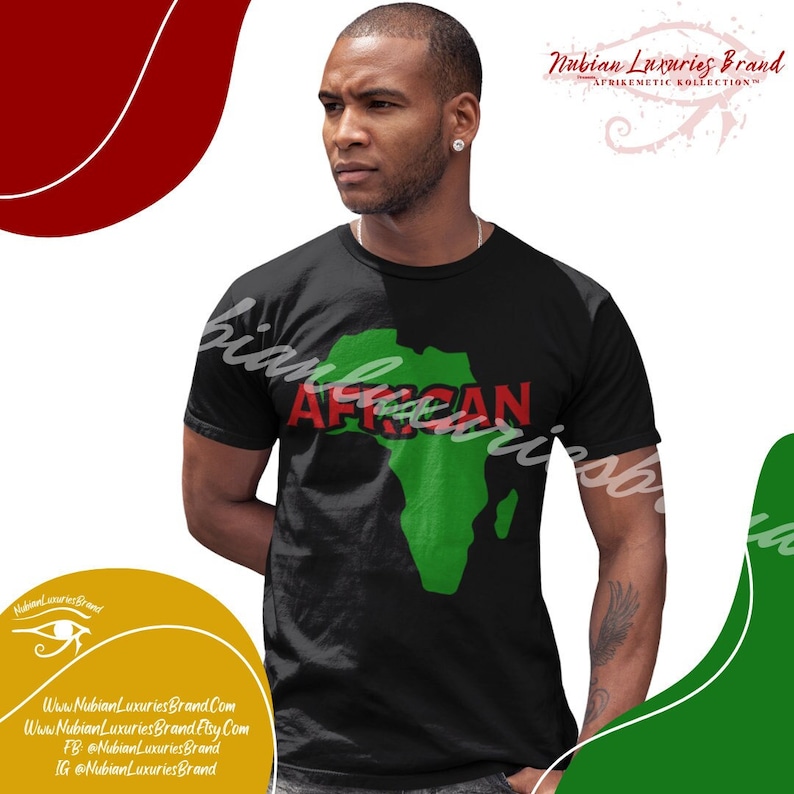 May include: Black t-shirt with a green and red graphic of the continent of Africa and the word "AFRICAN" printed in red.