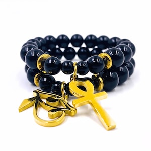 Black Onyx and 18k Gold of Heru/Horus Ankh Bracelet Set / Egyptian Jewelry Set / Kemetic Jewelry / Gift for Him / Gift for Her / Key of Life
