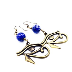 Egyptian Earrings with Lapis Lazuli and Eye of Horus Eye of Heru Charm  - Lapis Lazuli (Blue)  Earrings - Egyptian Inspired Kemetic Jewelry